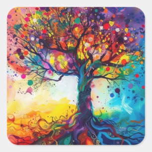 Sticker Carré Arbre coloré de la vie Arc-en-ciel Sérénité Nature