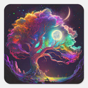 Sticker Carré Arbre coloré de vie Lune Galaxie Imaginaire