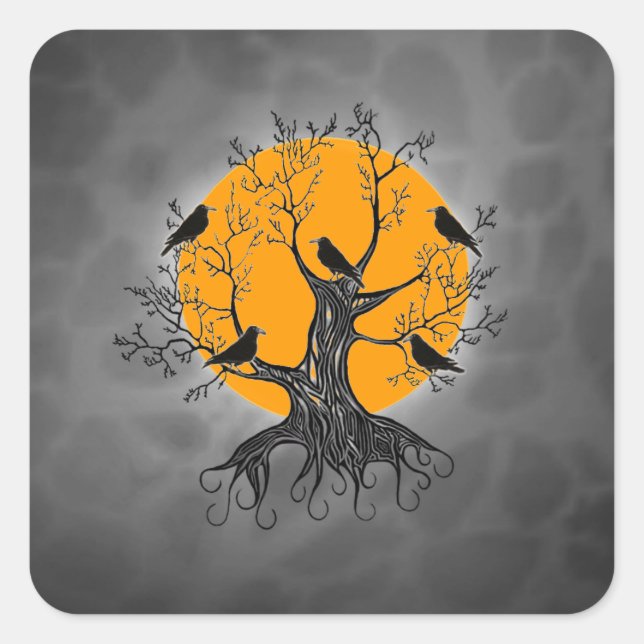 Sticker Carré Arbre corbeau avec lune (Devant)