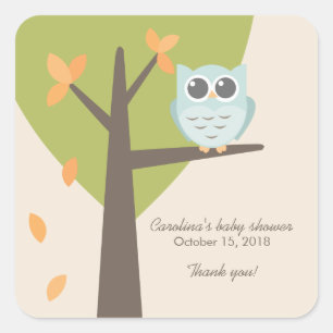Sticker Carré Arbre d'automne Branche Chouette bleue Baby shower