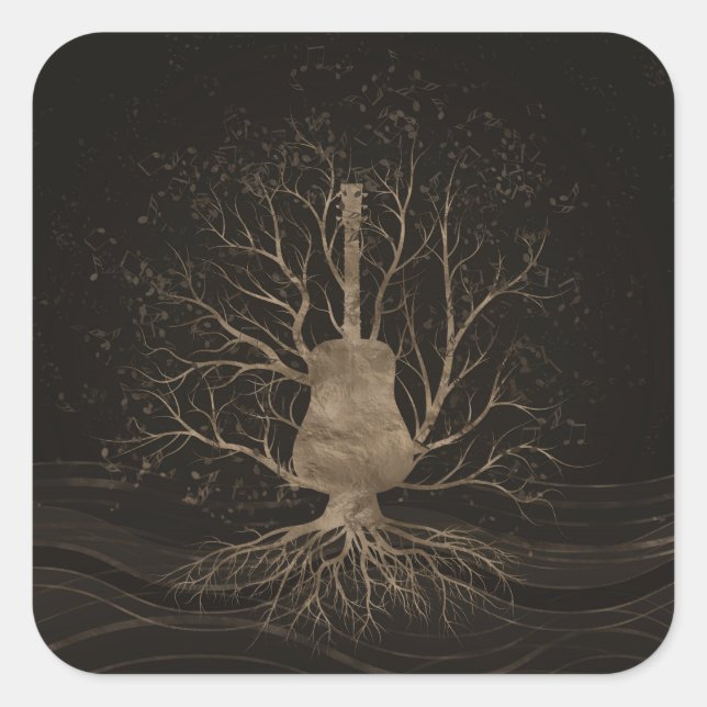 Sticker Carré Arbre de musique de guitare - Or et Browns (Devant)