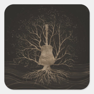 Sticker Carré Arbre de musique de guitare - or et bruns