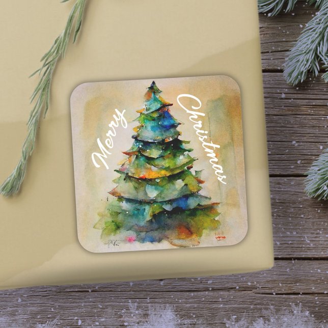Sticker Carré Arbre de Noël Aquarelle Artistique Joyeux Noël (Créateur téléchargé)