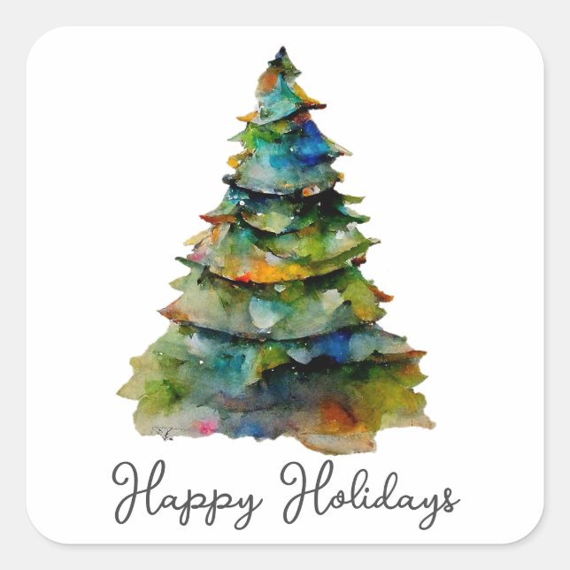 Sticker Carré Arbre de Noël Aquarelle Pine Joyeux vacances (Devant)