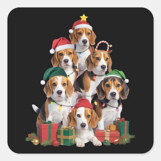 Sticker Carré Arbre de Noël beagle avec Santa Hat Chien Maman Ch (Devant)