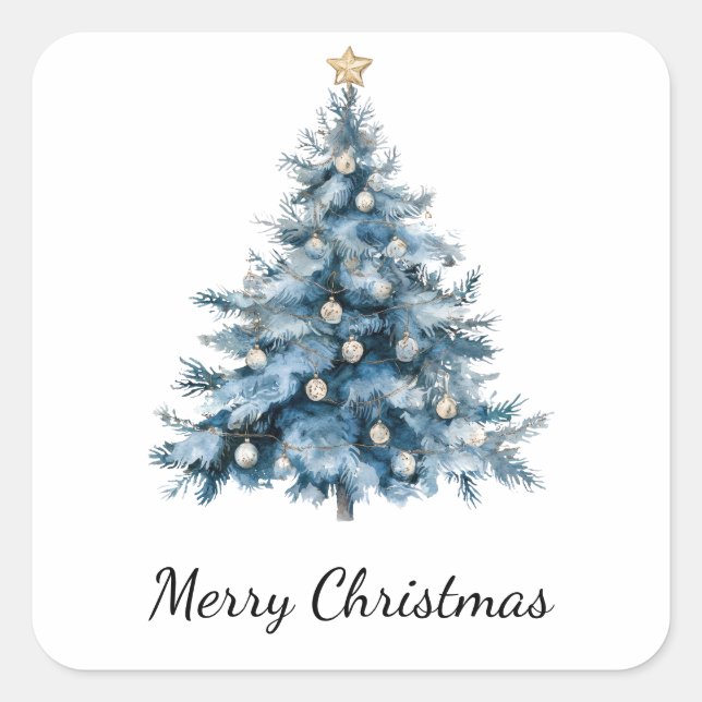 Sticker Carré Arbre de Noël bleu hiver Gold Star (Devant)