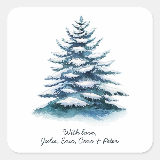 Sticker Carré Arbre de Noël couvert de neige (Devant)