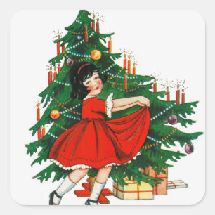 Sticker Carré Arbre de Noël de la Fille vintage