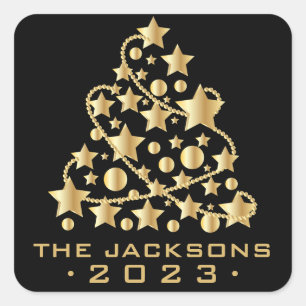 Sticker Carré Arbre de Noël doré sur Noir Classic Round