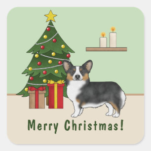 Sticker Carré Arbre de Noël du Pembroke Welsh Corgi tricolore no