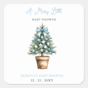 Sticker Carré Arbre de Noël en Bow bleu Joyeux petit Baby shower