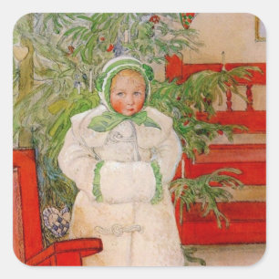 Sticker Carré Arbre de Noël et Enfant en fourrure