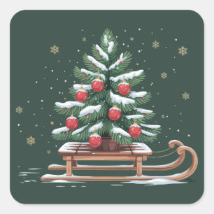 Sticker Carré Arbre de Noël Fêtes Traîneau Hiver Fêtes Flocons d