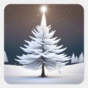 Sticker Carré Arbre de Noël Frosté Avec Lapin D'Hiver