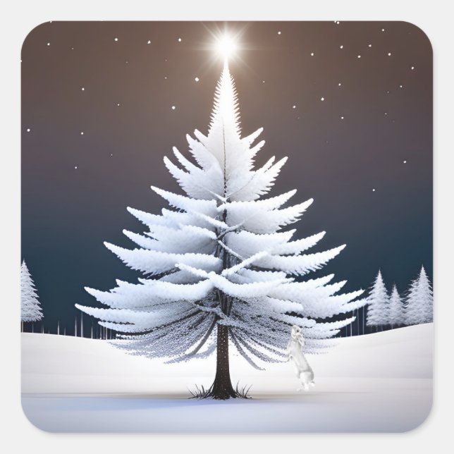 Sticker Carré Arbre de Noël Frosté Avec Lapin D'Hiver (Devant)