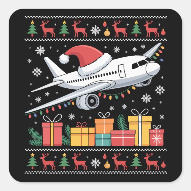 Sticker Carré Arbre de Noël lumineux drôle Santa avion moche  (Devant)