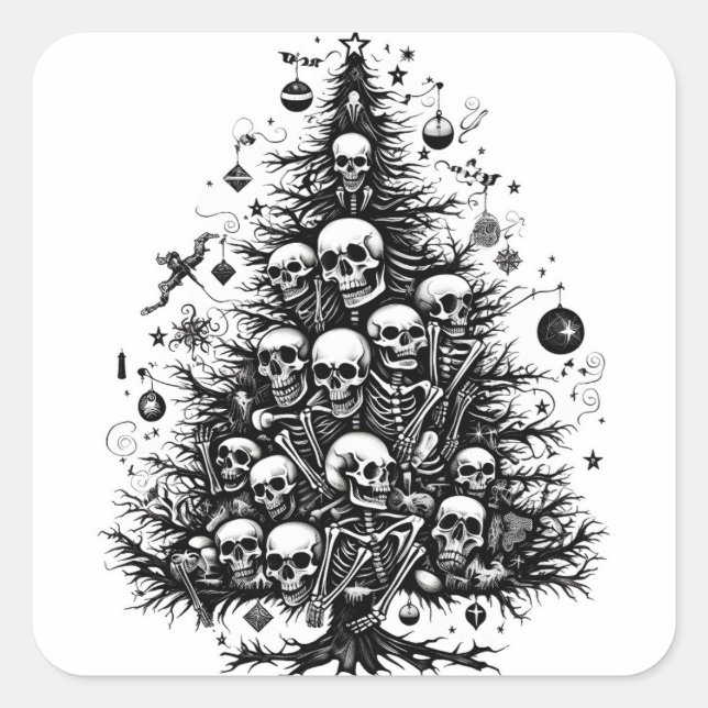 Sticker Carré Arbre de Noël noir Crânes et os (Devant)