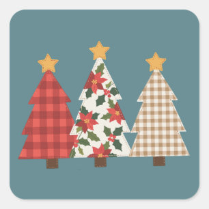 Sticker Carré Arbre de Noël Patchwork Vintage Écarlate Fête