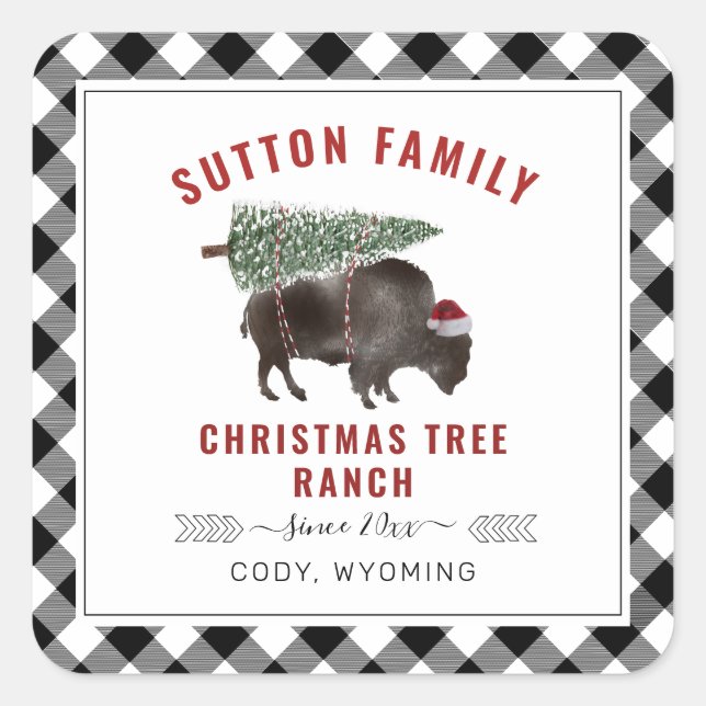 Sticker Carré Arbre de Noël Ranch Père Noël Bison Plaid (Devant)