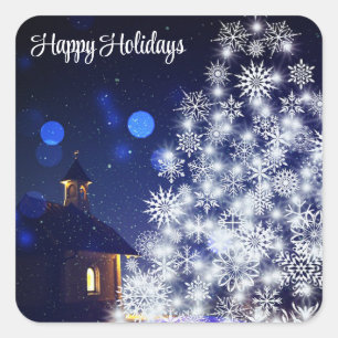 Sticker Carré Arbre de Noël rayonnant avec Arrière - plan bleu