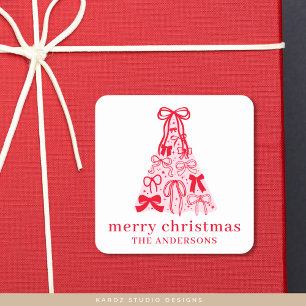 Sticker Carré Arbre de Noël rose bow moderne