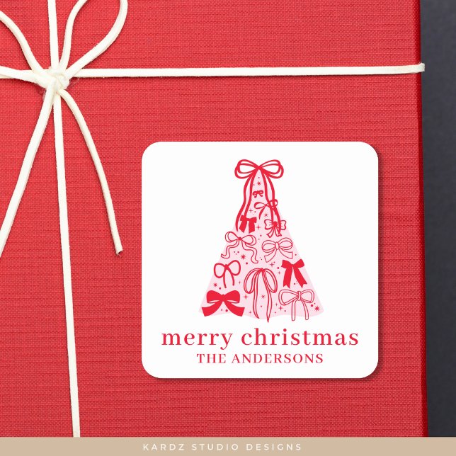 Sticker Carré Arbre de Noël rose bow moderne (Sticker available in 1.5 or 3 inches, personalize and choose size and finish before checkout.)