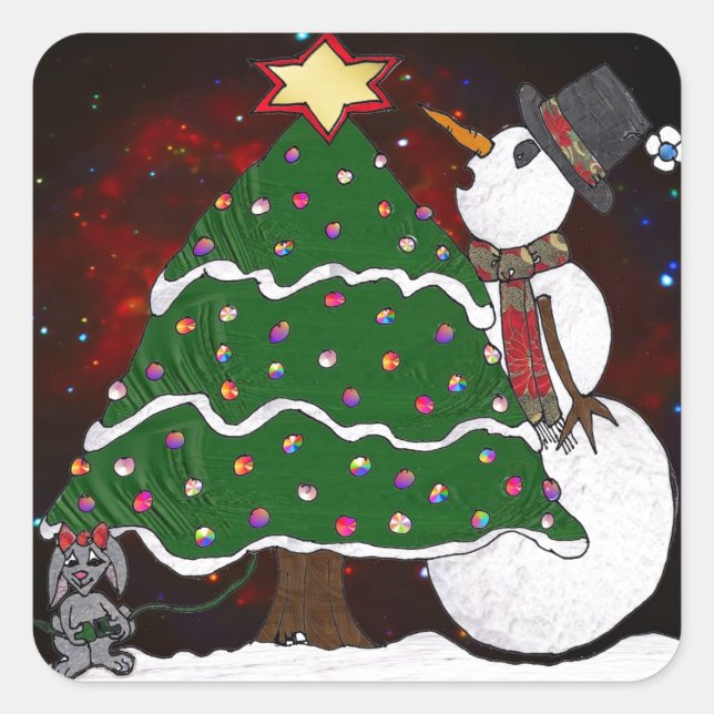 Sticker Carré Arbre de Noël Snowman Surprise Art Imprimer (Devant)