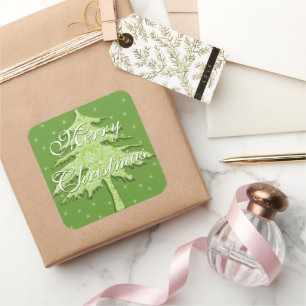 Sticker Carré Arbre de Noël vert avec étoiles