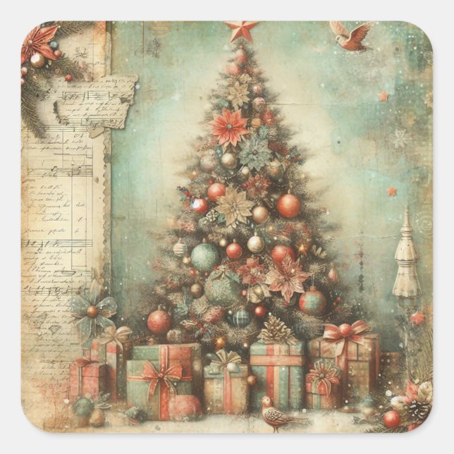Sticker Carré Arbre de Noël Vintage (Devant)