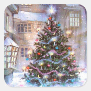 Sticker Carré Arbre de Noël Vintage