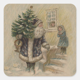 Sticker Carré Arbre de Noël vintage Père Noël