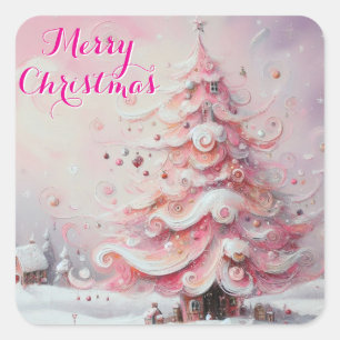Sticker Carré Arbre de Noël Whimsical Pink White Swirls Neige