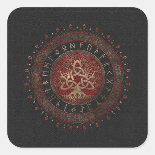Sticker Carré Arbre de vie avec Triquetra Black Rouge cuir