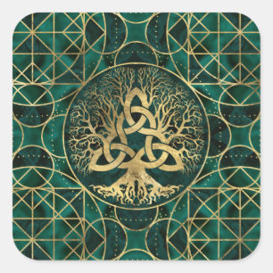 Sticker Carré Arbre de vie avec Triquetra Malachite et Or