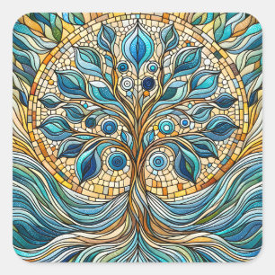 Sticker Carré Arbre de Vie Mosaïque de Verre Brisé Bleus Aqua 