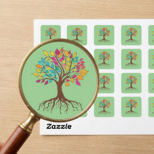 Sticker Carré Arbre de Vie vibrant : Racines et feuilles colorée