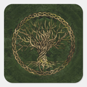 Sticker Carré Arbre de vie -Yggdrasil -vert et or