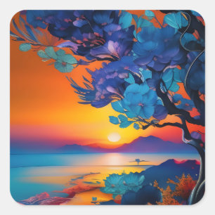 Sticker Carré Arbre en fleurs au lac au lever du soleil