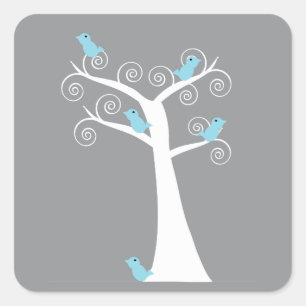 Sticker Carré Arbre en spirale blanc fantaisiste avec oiseaux bl