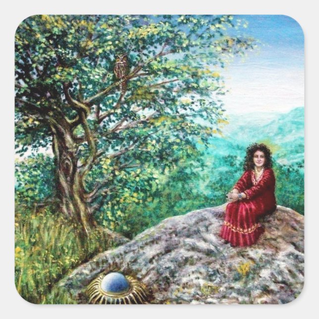 Sticker Carré ARBRE MAGIQUE / Aube en bois vert et dame en rouge (Devant)