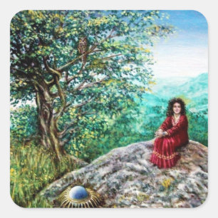 Sticker Carré ARBRE MAGIQUE / Aube en bois vert et dame en rouge