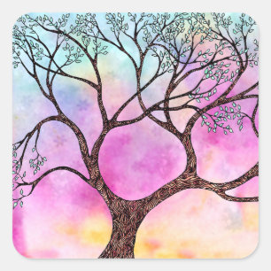 Sticker Carré Arbre sur Vellum avec Arrière - plan aquarelle