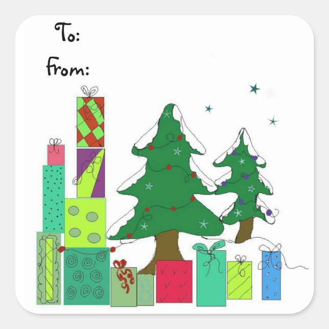 Sticker Carré Arbres couverts de neige et présents (Devant)