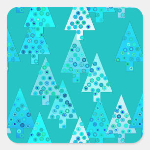 Sticker Carré Arbres de Noël à fleurs modernes - turquoise