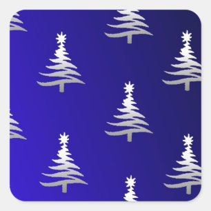 Sticker Carré Arbres de Noël Argent sur Bleu Cobalt