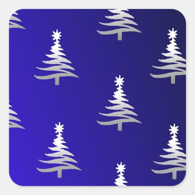 Sticker Carré Arbres de Noël Argent sur Bleu Cobalt (Devant)