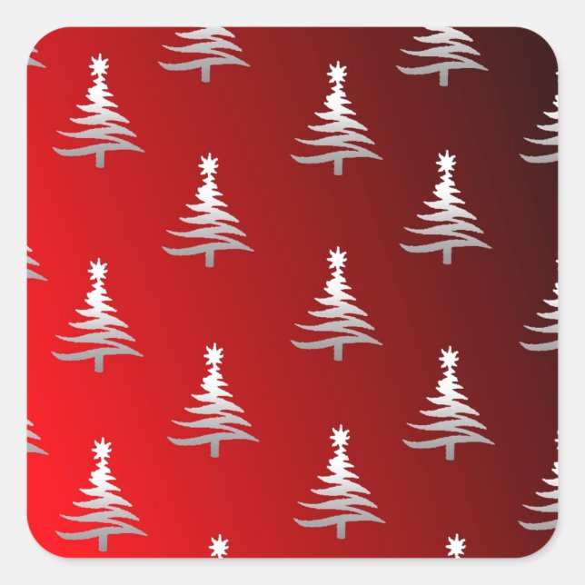 Sticker Carré Arbres de Noël en argent sur rouge (Devant)