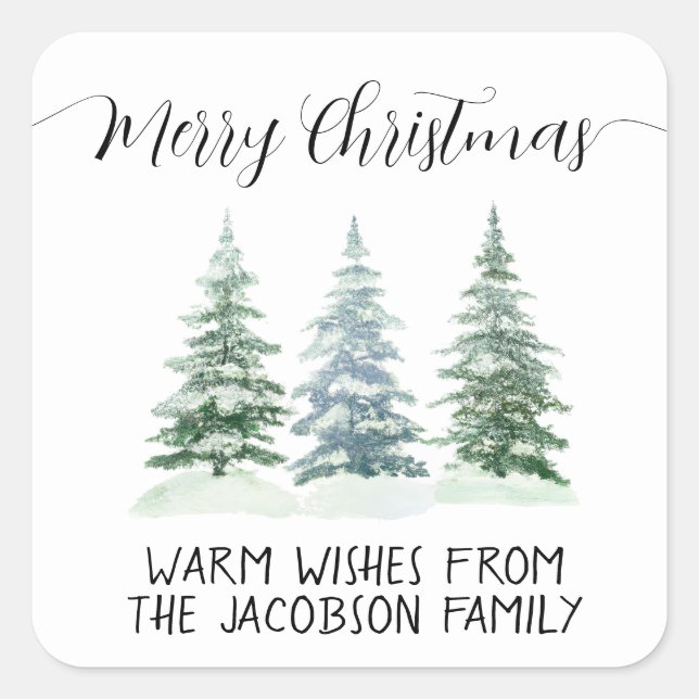 Sticker Carré Arbres de pin aquarelle simple Joyeux Noël (Devant)