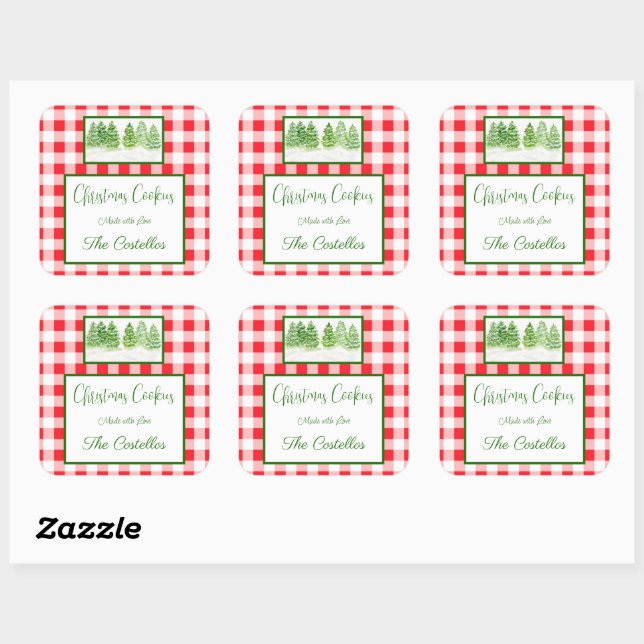 Sticker Carré Arbres d'hiver aquarelle COOKIES à carreaux rouges (Feuille)