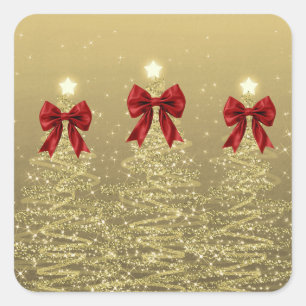 Sticker Carré Arbres Pailletés de Noël Or Nœud Faux Rouge